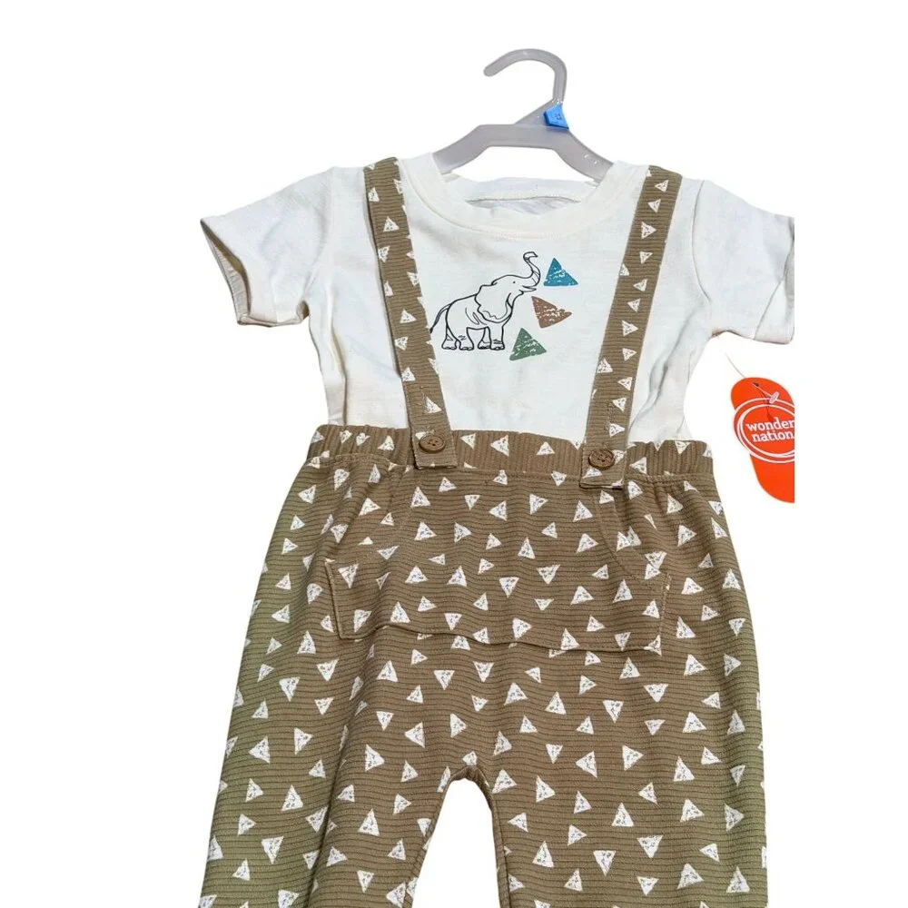 NWT‎ Wonder Nation Baby Boys 24M Set Outfit Elephant Shirt & AOP Suspender Pants